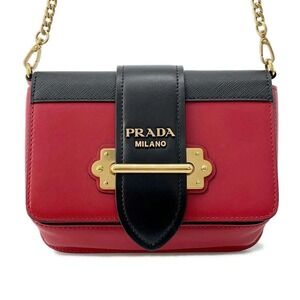 Prada Chain Shoulder Bag Logo Leather Belt Red Black BGA
